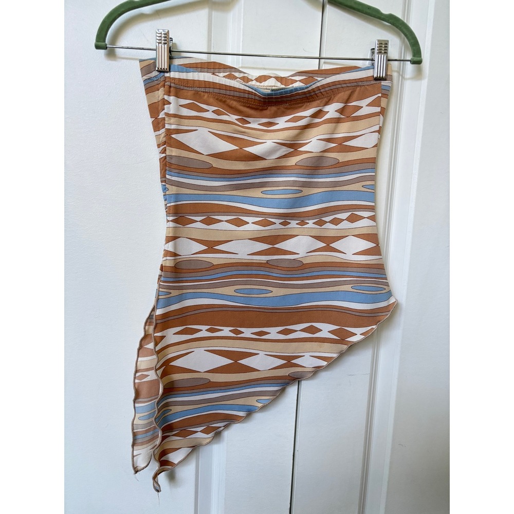 725 Originals Womens S Y2K Handkerchief Hem Tube Top Geometric Abstract Brown - Picture 3 of 12